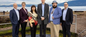 Nathan Cullen, Minister of Water, Land and Resource Stewardship; Jennifer Rice, Parliamentary Secretary for Rural Health; K̓áwáziɫ Marilyn Slett, Chief Councillor of the Heiltsuk Nation and President of Coastal First Nations; Premier David Eby; Dallas Smith, President of Nanwakolas Council; and Eddy Adra, CEO of Coast Funds at the funding announcement in Vancouver.