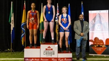 Sara McPhail on the first place podium at the 2024 Canadian Wrestling Championships in Toronto