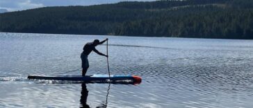 Dallas Allison paddleboarding for the Prince Rupert Hike for Hospice.