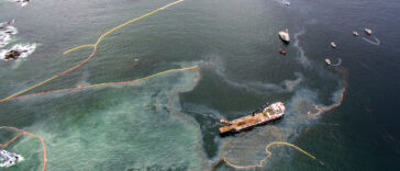 An aerial view of the Nathan E. Stewart oil spill and cleanup